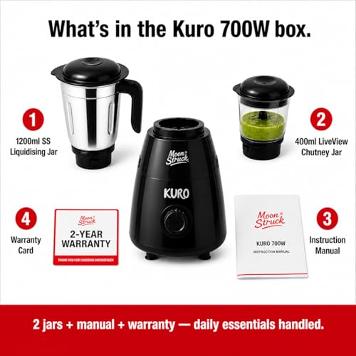 Image of Moonstruck Kuro Up to 700W Mixer Grinder | HeatShield Motor | LiveView Chutney Jar | Perfect for Bachelors, Couples & Small Kitchens | SpiceCrush Technology | 2 Year Warranty (Black)