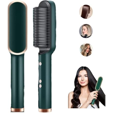 2023 New Negative Ion Hair Straightener Styling Comb with 5 Temp, 2 in 1 Hair Straightener Brush and Curler, Portable Electric Straightening Comb Heated Hair Brush 10s Fast Heating Anti-Scald (Green) Cover