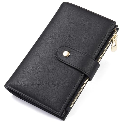 Image of yiijay Womens RFID Blocking Vegan Leather Trifold Clutch Credit Card Holder Ladies Travel Wallet Purse with Pen Holder, Black