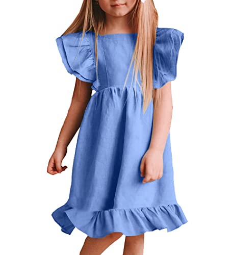 Bigeoosh Vestido de lino para niñas, estilo bohemio, manga con volantes, acampanado, dobladillo floral, ajuste holgado, trajes de verano para niños de 5 a 12 años, Azul marino, 11-12 años
