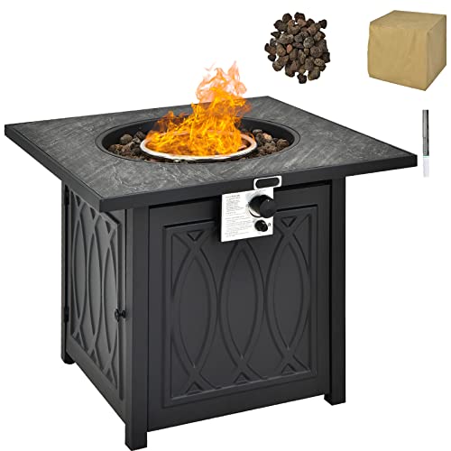 COSTWAY Gas Fire Pit Table, 50000 BTU Flame Adjustment Propane Firepit with High-temp Resistant Tabletop, Lava Rocks, Waterproof Cover & Instant Touch-up Pen, Square Outdoor Garden Patio Heater