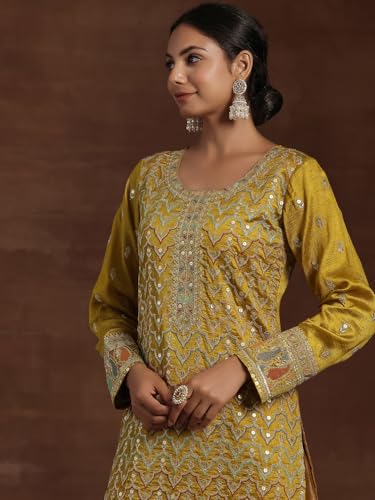Image of Libas Womens Embroidered Silk Blend Straight Kurta with Palazzos and Dupatta | ethnic wear | bridal suit | wedding dress | occasion wear