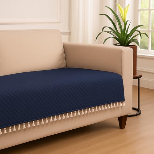 Image of Roseate Quilted Velvet Sofa Cover (1 Seater / 24 inchx27 inch) Sofa Protector for Living Room /Bedroom interiors (Blue) with Tassels