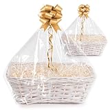 Woodluv DIY Set of 2 Wicker Gift Hamper Basket Kit Create Your Own Festive Present - Includes Cellophane, Shredding Paper & Ribbon - White