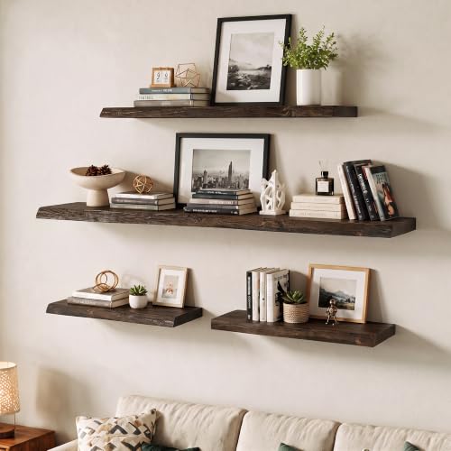 Image of Live Edge Elm Floating Shelves - 48 In Rustic Solid Wood Shelves with Heavy-Duty Invisible Bracket, Wall-Mounted Wooden Shelf for Living Room, Bathroom, Kitchen Storage & Display, Set of 1, Walnut