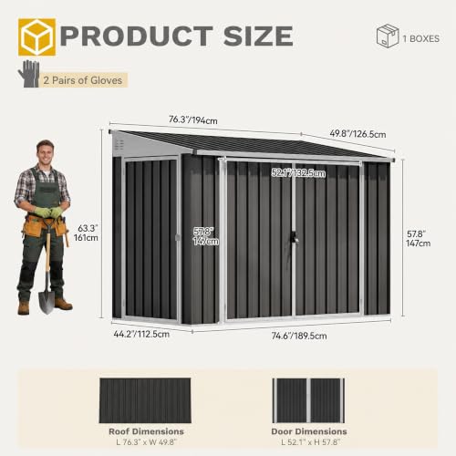 Image of DWVO 7x4ft Outdoor Storage Shed with 3 Lockable Doors | Weatherproof Metal Bike Shed, Garden Storage Solution for Lawn Equipment, Tools, Waste Bin, Dark Gray