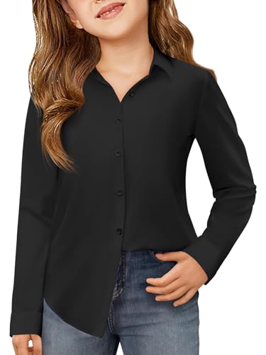 Haloumoning Blusas de Manga Larga para Niñas con Detalle de Botones, Camisa Básica de Ajuste Regular para Escuela, Uniforme para Niñas de 5 a 14 Años, Negro , 9-10 años