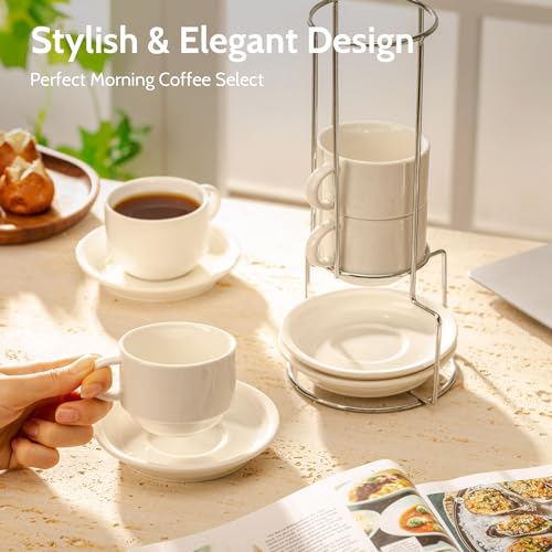 Image of Sweese 8 Ounce Porcelain Stackable Cappuccino Cups with Saucers and Metal Stand - for Specialty Coffee Drinks, Cappuccino, Latte, Americano and Tea - Set of 4, White