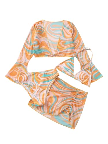 SHENHE Girl's 4 Piece Swimsuits Marble Print Triangle Halter Bikini with Kimono and Cover Up Skirt Orange 12 Years