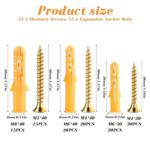 110 Pcs Screws and Wall Plugs Set(55 x Masonry Screws, 55 x Expansion Anchor Bolts), M6 M8 Wall Plugs and Screws, for Brick Concrete Drywall Self Tapping Screws and Wall Plugs