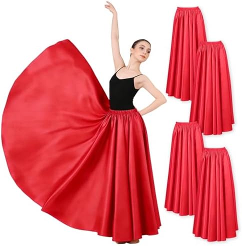 ZLDPQ 4PCS Satin Maxi Skirt for Women Circle Dance Skirts Ankle Length Long Skirt Women for Flamenco Belly Dance Party, Red, One Size