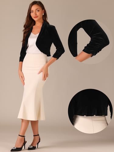 Allegra K 3/4 Sleeve Velvet Shrug for Women's Open Front Bolero Cropped Cardigan Top2