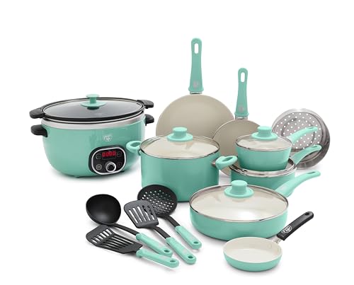 Image of GreenLife Soft Grip 16 Piece Healthy Ceramic Nonstick Cookware Set Pots and Pans Set, 6-Quart Slow Cooker, PFAS & PFOA-Free, Dishwasher Safe, Oven Safe, Versatile Kitchen Essentials, Turquoise