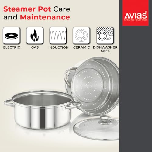 Image of Avias Spectra Stainless Steel Steamer / 22cm for Cooking Vegetable Idli Modak Momo with Strong Side Handles for Easy Use Food Steamer /Cookware Set of 1 / Shiny Mirror Finish / 22cm