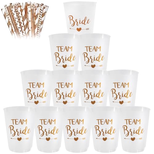 12 Stück Team Bride Becher mit 12 Strohhalme JGA Becher Wiederverwendbar Team Bride Bachelorette Party Cup Bride Team Tassen Set für Bridal Shower Verlobungsfeier Junggesellenabschied