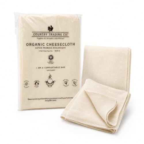 Image of Country Trading Co. Organic Cheesecloth, Grade 120 Extra-Fine Weave, 2 Hemmed Squares, GOTS Certified Unbleached Cotton, Reusable Straining Cloth for Cheese, Nut Milk, Yogurt & Kombucha