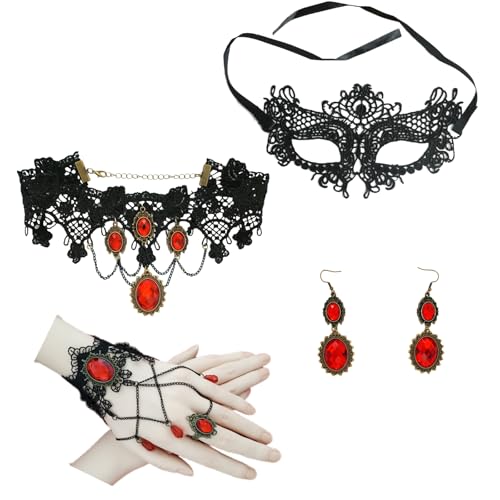 Hopodix 5PCS Ruby stone black lace Goth accessories with Gothic choker necklace bracelet earings masquerade mask for women Victorian Vampire Accessories