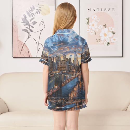 ALAZA Brooklyn Bridge and Manhattan at Sunset Satin Pajamas Set Short Sleeve Button Down Sleepwear Summer Pjs 2 Piece4