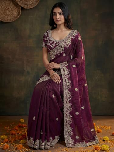 Image of SIRIL Women's Tissue Silk Scalloped Border Embroidery Saree with Unstitched Blouse Piece