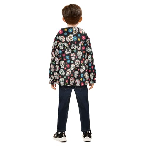 CHIFIGNO Sugar Skulls Flowers Black Boys Winter Jacket, Toddler Fleece Zip up Jacket Soft for Fall Winter Spring 3T4