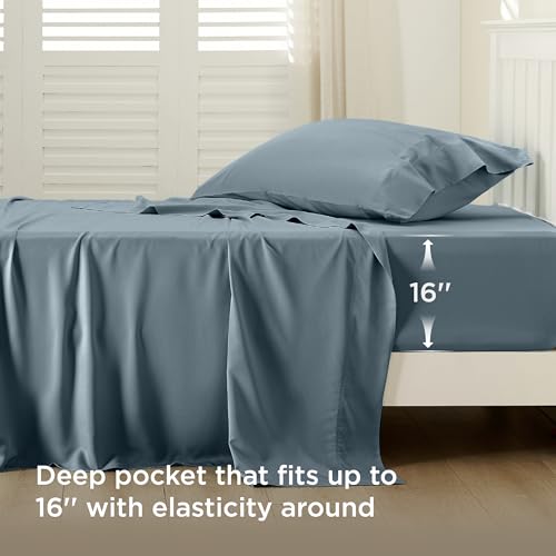 Image of Bedsure Cooling Sheets Twin, Rayon Derived from Bamboo, PureWoven, Breathable & Soft Twin Sheets Set, Deep Pocket Up to 16 Inches, Hotel Luxury Silky Bedding for Hot Sleepers, Dusty Blue