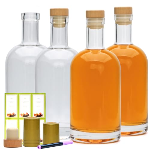 Datttcc 25 oz Glass Bottle with T-Top Cork,Liquor Bottles, Heavy Bottom Wine Bottle for Vodka, Juice, Milk, Whiskey, Water, Gift Giving,4-pack