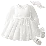 Booulfi Baby Girl Clothes 3-6 Months Lace Flower Girl Dress 3 piece Long Sleeve Baby White Dress with Headband And Shoes