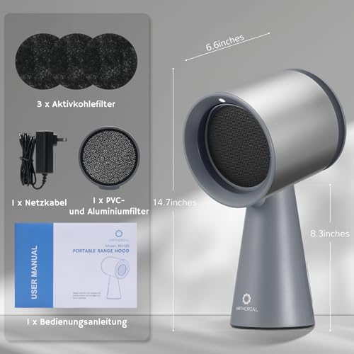 AIRTHEREAL RH180 Tisch-Dunstabzugshaube mit 3 Geschwindigkeiten und großem Ölauffangbehälter, abnehmbarem Aluminium-Kohlefilter, leiser tragbarer Küchenabzug für das Kochen, Silberfarben