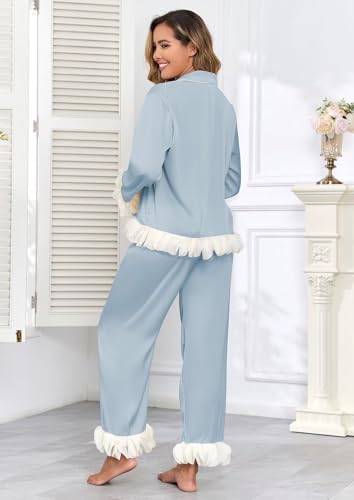 Image of Brosloth Womens Silk Pajamas Set Long Sleeve Satin Button Up Sleepwear | Cute Soft Fall Pjs Sets, Lace 2 Piece Lounge Set, Elegant Bridesmaid Pajama, Skin Friendly Sleepwear for Wedding, Honeymoon