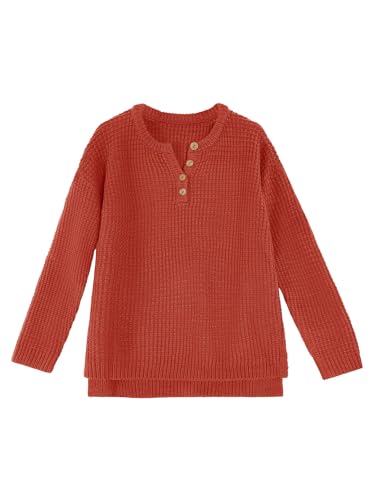 Image of Girls Waffle Knit Sweaters Trendy Henley Button V Neck Long Sleeve Pullover Jumper Tops Orange Red