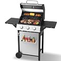 LMNOCHM Propane Grill with Folding Side Tables, 3-Burner Gas Grill with Porcelain-Enameled Cast Iron Grates and Double-Wall Insulated Lid, 30,000 BTU BBQ Grill with Wheels for Outdoor Cooking