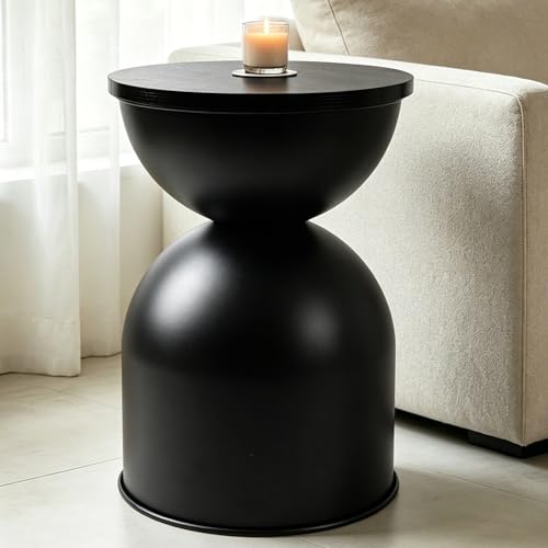 AELS Mid Century Modern Storage Drum Side Table 12.5 Wide Black Metal End Table with Removable Lid Accent Table for Living Room Bedroom or Entryway