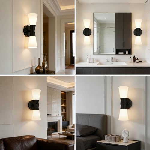 Image of Bathroom Wall Sconce, Modern Indoor Vanity Light Fixtures 13 inch, Up Down Lighting, Wall Mount Lamp for Living Room Bedroom Hallway Stairway Fireplace Mirror E26 Base 1PC White&Black