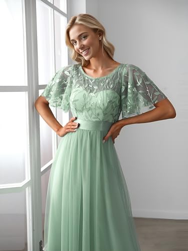 Image of Ever-Pretty Sequin Formal Prom Dresses for Women Ruffle Sleeves Empire Waist A-Line Long Mother of Bride Dress 00904