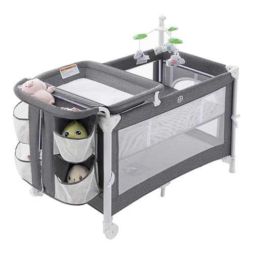 Image of HoneiBabe 3 in 1 Baby Crib and Playpen - Bedside Sleeper With Changing Table, Diaper Caddy Organizer, and Toys for Babies and Toddlers