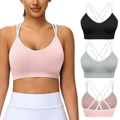 Image of VEQKING Strappy Cross Back Women Sports Bra Pack for Medium Support Workout | Removable Padded Cups, Spaghetti Strap, Comfort Seamless Wirefree, Soft Breathable Fabric, for Gym /Yoga /Pilates /Walking /Daily