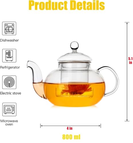 Image of ANKUL 800ml Glass Teapot with Infuser, Borosilicate Glass Tea Kettle for Loose Leaf Tea, Transparent Teapot with Glass Removable Infuser,Microwavable and Stovetop Safe (Ankul - 13)