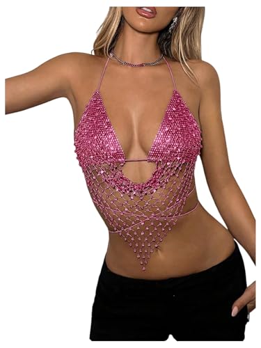 SweatyRocks Women's Glitter Rhinestone Criss Cross Halter Tops Backless Sleeveless Asymmetrical Party Crop Tops Hot Pink Medium