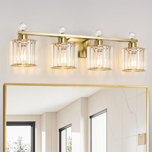 Image of Modern Crystal Bathroom Vanity Light, 4-Lights Bathroom Light Fixtures, Brass Gold Vanity Lighting Fixtures Over Mirror, Brushed Wall Sconce Light for Bedroom, Kitchen, Living Room, Gallery, E26 Base