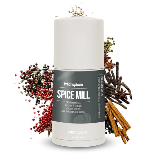 Microplane Gewürzmühle 2in1 – Kaschmir Beige | Manuelle Mühle mit rasiermesserscharfer Edelstahlklinge | Reibt Muskatnuss, Zimt, Tonkabohne, LangenPfeffer, Nüsse & mehr