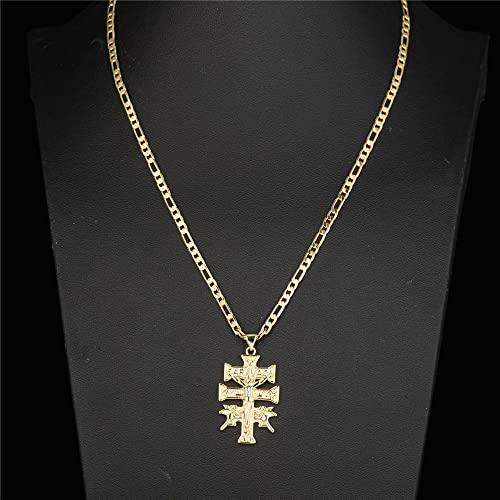 kelistom 14K Gold Silver Tone Stainless Steel Catholic Caravaca Crucifix Cross Charm Pendant with Cherub Angel Necklace for Women Men 3mm Flat Figaro Chain Necklace3