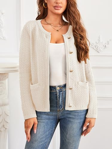 Image of Women's Casual Cardigan Sweaters Open Front Long Sleeve Button Down Crew Neck Knit Jackets with Pockets