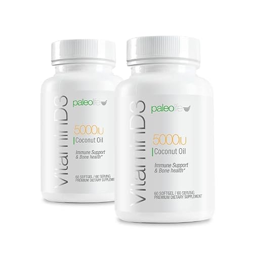 Premium Vitamin D3 5000 IU- New Formula: Paleo Life Vitamin D3 5000iu Premium High Potency with Coconut Oil - 60 Capsules. (2-Pack)