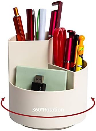 Desk Pencil Pen Holder, 3 Slots 360-Degree Spinning Pencil Pen Desk Organizers, Desktop Storage Pen Organizers Stationery Supplies, Cute Pencil Cup Pot for Office, School, Art Supply, Kids - White