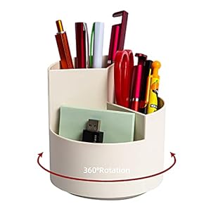 Desk Pencil Pen Holder, 3 Slots 360-Degree Spinning Pencil Pen Desk Organizers, Desktop Storage Pen Organizers Stationery Supplies, Cute Pencil Cup Pot for Office, Art Supply – White