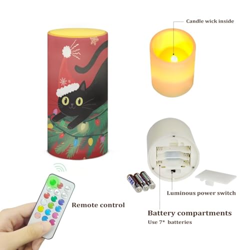 Image of Poceacles Black Cat Christmas Tree Red Flameless Candle Battery Powered with Remote Control 12 Colors 4 /8 Hours Timer LED Night Lights Pillar Candle Tealights Christmas Decorations