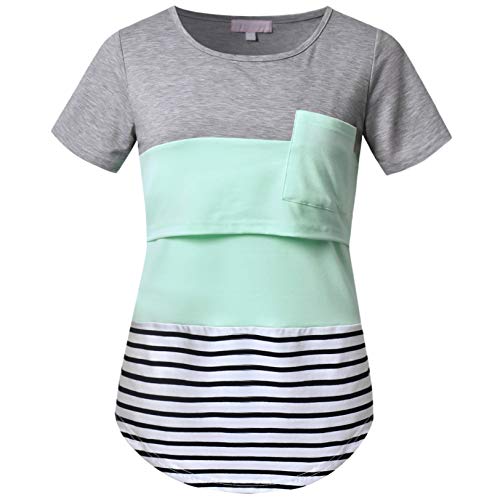 Bhome Nursing Tshirt Color Block Maternity Short Sleeve Top For Breastfeeding Pregnancy Shirt With Pocket L #TOP1