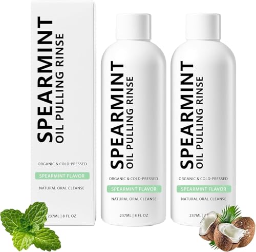Spearmint Oil Pulling Rinse, Enjuague bucal de coco prensado en frío,Limpieza bucal natural y blanqueador dental para dientes y encías, enjuague bucal puro frescor de menta,2pcs