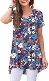 POPYOUNG Women's Summer Long Tunic Top To Wear With Leggings Short Sleeve Shirt Loose Fit Dressy L, Floral Mixed Soft Blue