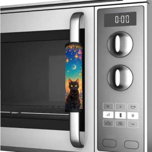 Image of Refrigerator Door Handle Covers Set of 6 Kitchen Electrical Appliances Handle Protector Anti-Slip Fridge Microwave Oven Home Accessories, Black Cat Floral Moon Blue